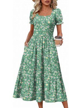 Zeagoo Women's Green Floral Flowy Casual Short Sleeve Tiered Midi Maxi Dress